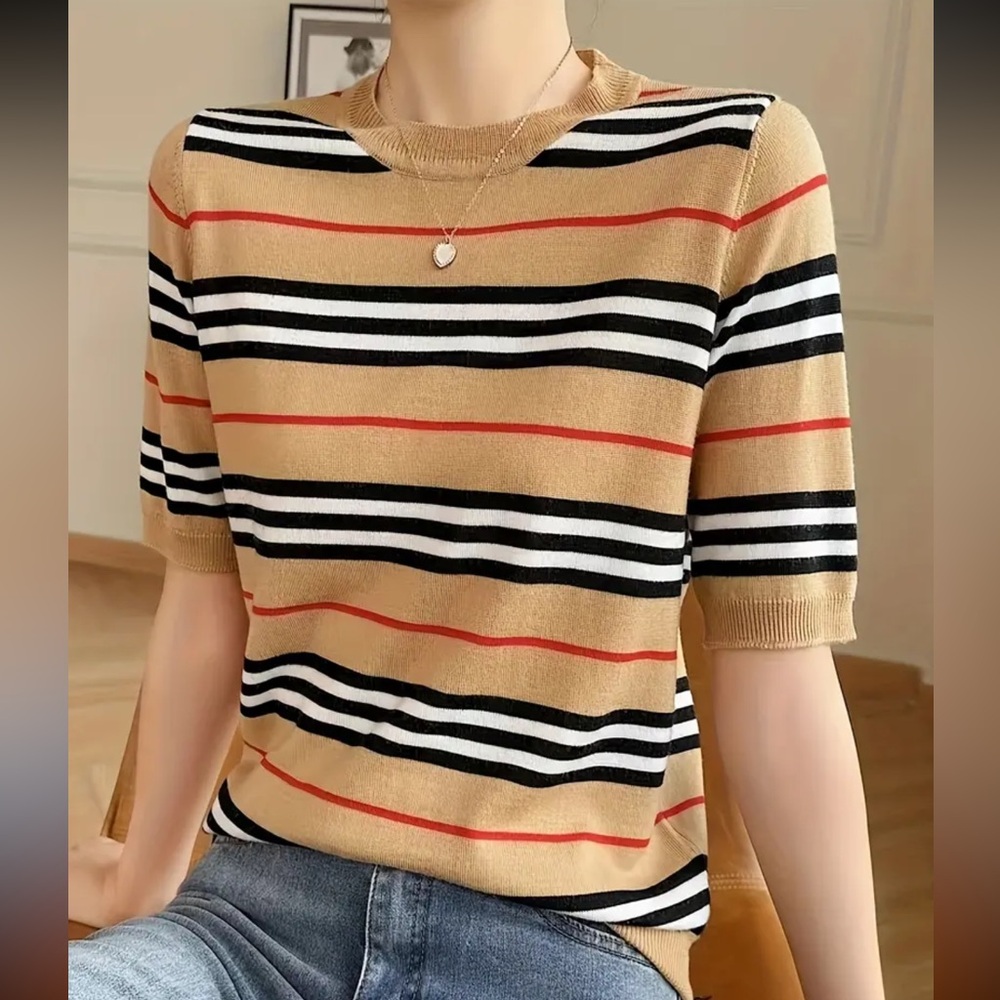 Vibrant Striped Color Block Crew Neck Knitted Pullover Top - Soft Mid-Elasticity